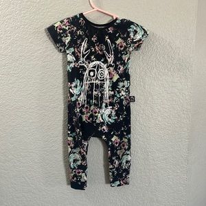Rags Romper- black, neon floral. Gently used- 6-12 MO.